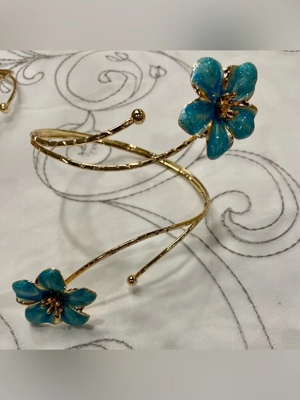 Gold-Tone Cuff Bracelet/Arm Cuff with Turquoise Flower Accents